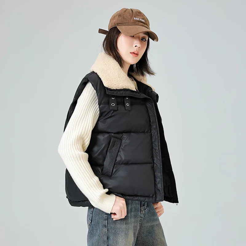 Faux Lamswollen Kraag Katoen Gevoerd Vest Dames Winter Lichtgewicht Warm Mouwloos Gewatteerd Jasje Chique Opstaande Kraag Korte Parka's