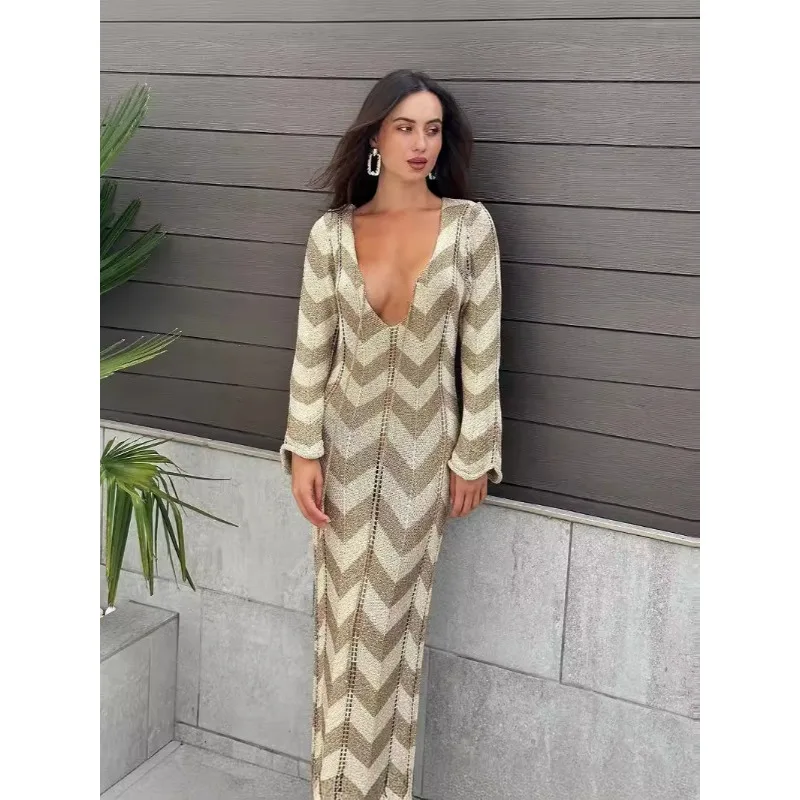 

Chic Sexy Big Pits Stripe Knit Long Dress Women Flared Sleeves Backless Slim Maxi Dresses Autumn Evening Party Gowns Holiday