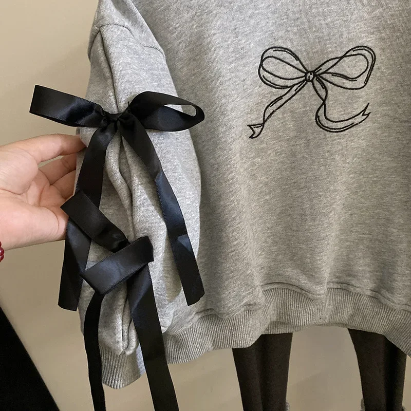 Hoodies Korean Childrens Clothing Autumn New Girl Fashion Bow Sweater Versatile Color Blocking Leggings Causal Simple 2024