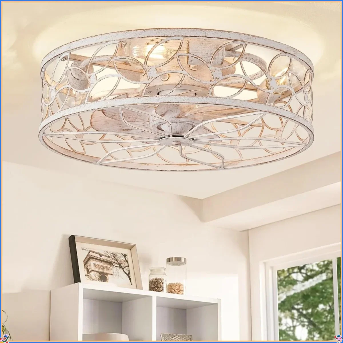 مروحة سقف خالية من الشفرة منخفضة المستوى مع ضوء، وجهاز تحكم عن بعد مثبت على السطح باللون الأبيض، ومراوح صغيرة هادئة لمطبخ غرفة النوم