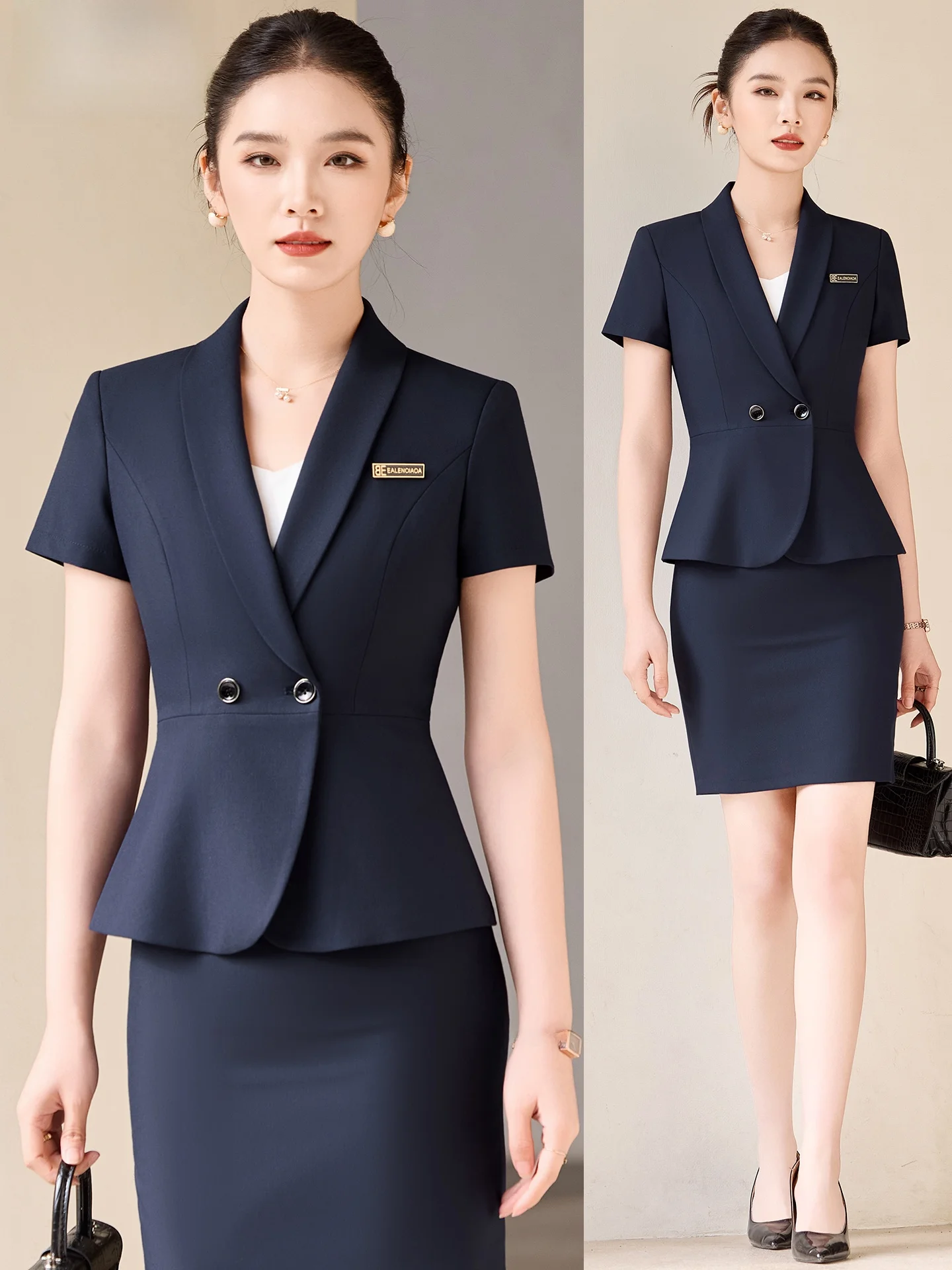 

Blue Thin Suit Set for Women Summer Profional Ele Hotel Manager Ss Office Work orm Polyester Fiber Commute Sle