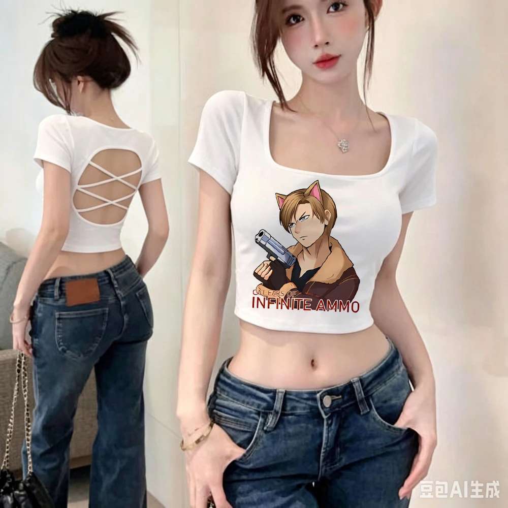 Leon Kennedy cropped top girl goth korean fashion japanese manga harajuku shirt gothic gyaru dollette kawaii clearance sales