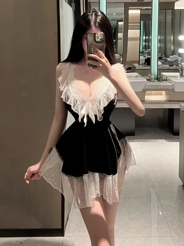 Vestido picante menina estilo fada sexy com decote em v malha sem costas, plissado cintura magro a linha vestido fofo elegante moda feminina topos 063f