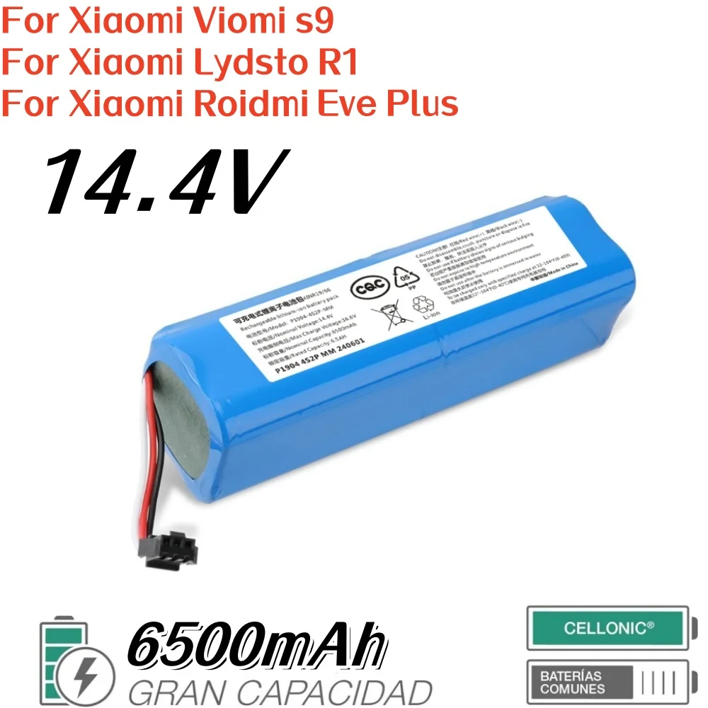 

14.4V 6500mAh Li-ion Replacement Battery H18650CH-4S2P for XiaoMi Viomi S9, Lydsto R1,Roidmi Eve Plus Robot Vacuum Cleaner Parts