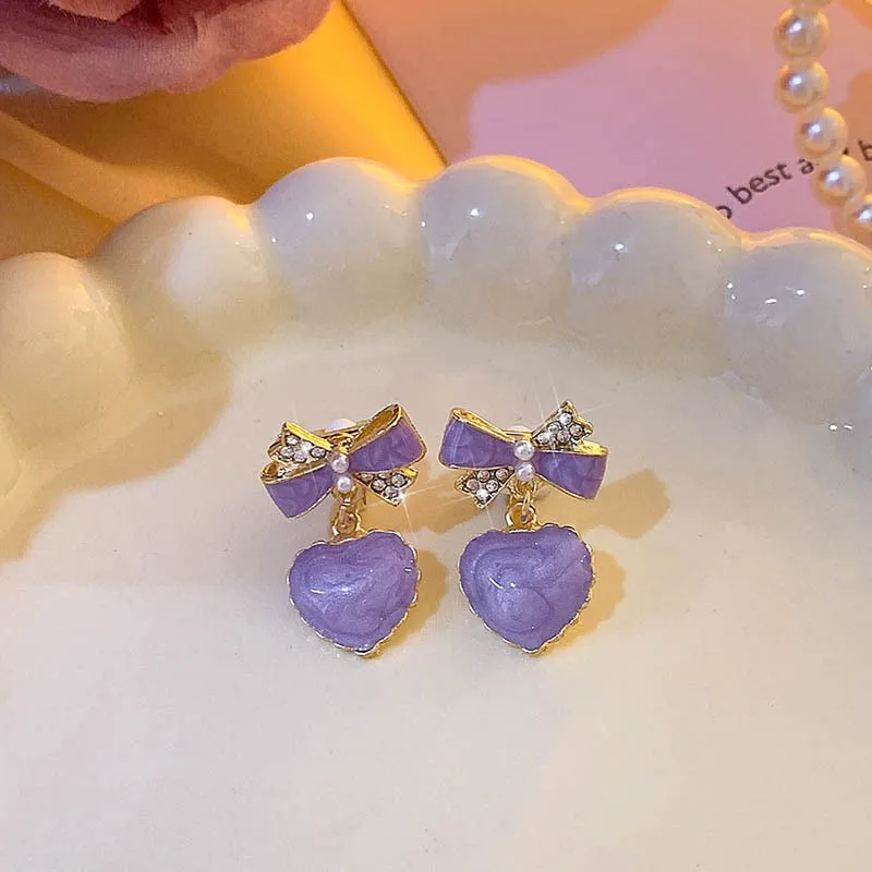 Taro Purple Red Bowknot Heart Crystal Imitation Pearl Pendant Earring for Women Color Jewelry Girl Gift