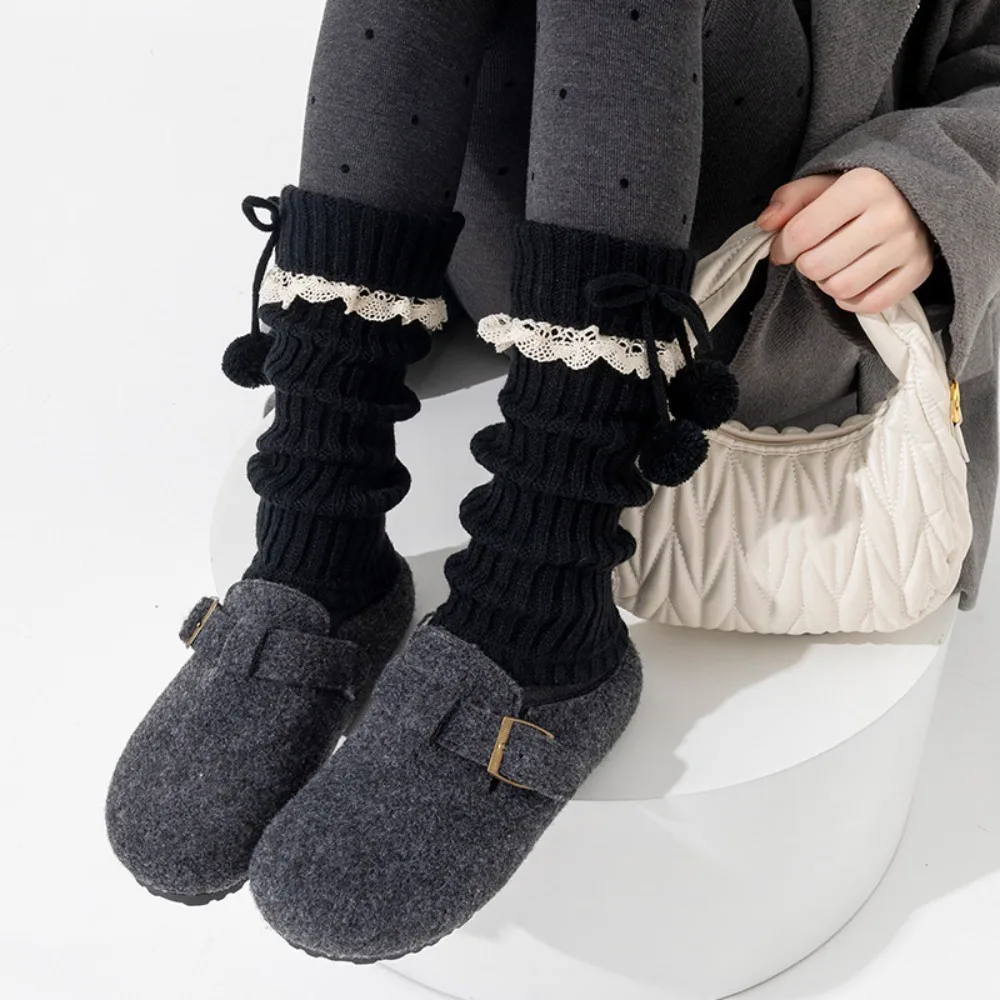 

Simple Y2K Knitted Leg Covers Lace Sweet Lolita Bowknot Boots Cover Thickened Warm JK Knee High Socks Girl