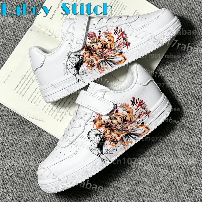 Ryomen Sukuna Boys Girls White Breathable Flat Daily Shoes Sneakers Stylish Graphic Print Kids School Footwear
