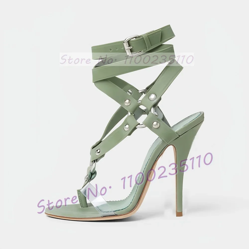 Green Buckle Cross Strap Heeled Sandals Women Open Toe Metal Rivets Flip-flops Ladies Luxury Summer Ankle Strap Stiletto Shoes view 5