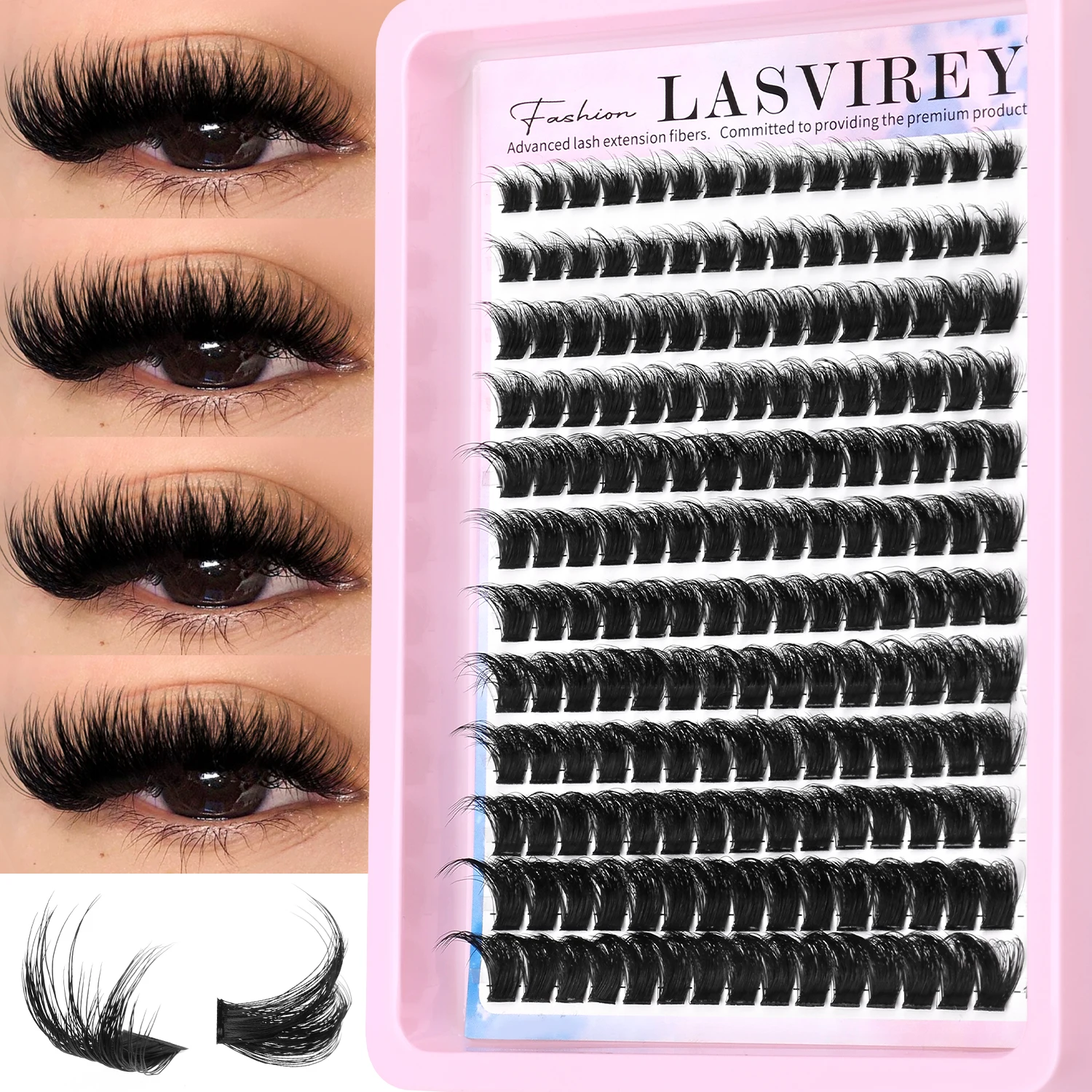 LASVIREY DIY Lash Clusters Fluffy Thick Cluster Lashes Mixed Tray Natural Curl Individual Eyelashes Extension DIY Fluffy lashes