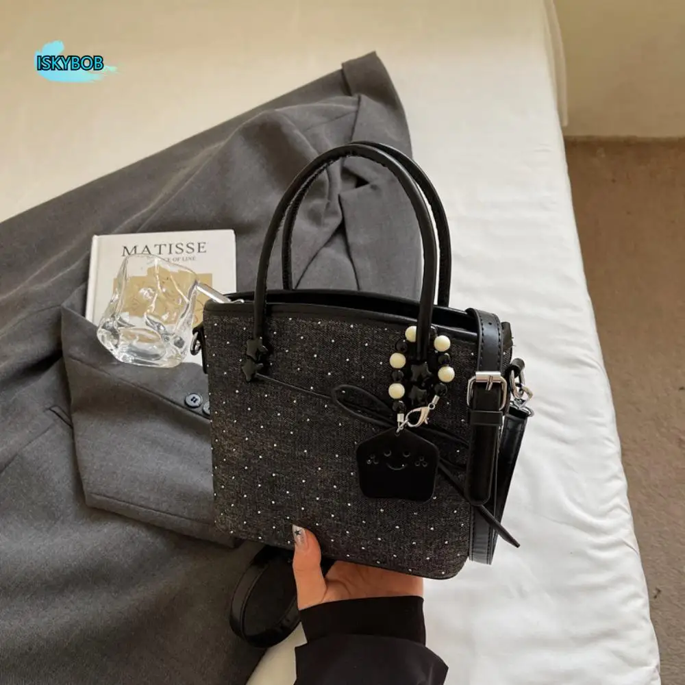 

Temperament Minimalist Denim Bucket Bag Rhinestone Elegant Korean Crossbody Bag with Pendant Color-Block Women 's Handbag Girls