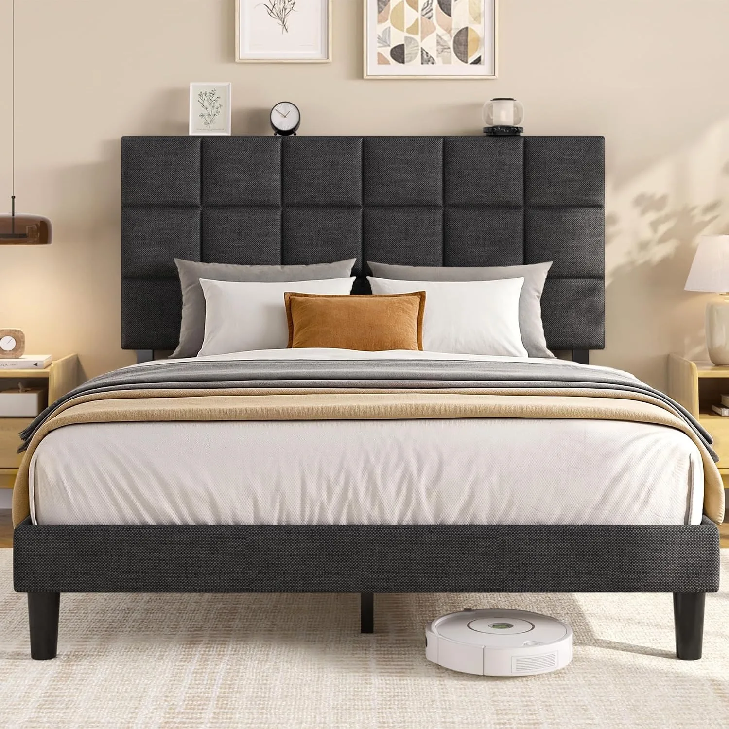 Queen Platform Bed Frame with Linen Upholstered Adjustable Tall Headboard, No Box Spring Needed, Customized
