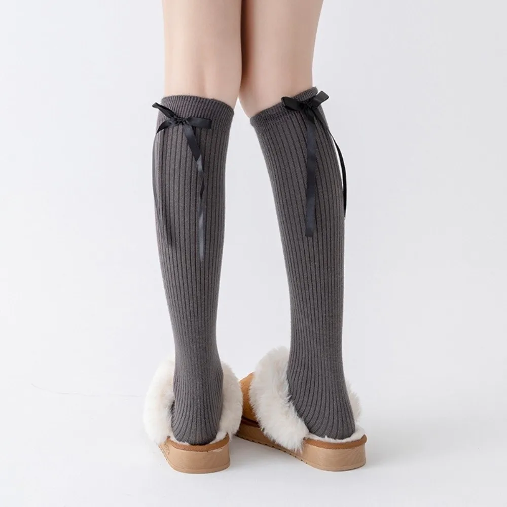 

New Solid Color Lolita Bow ribbon Socks Breathable Thicken Knitted Leg Warmers Winter Warm Knee High Boot Stockings