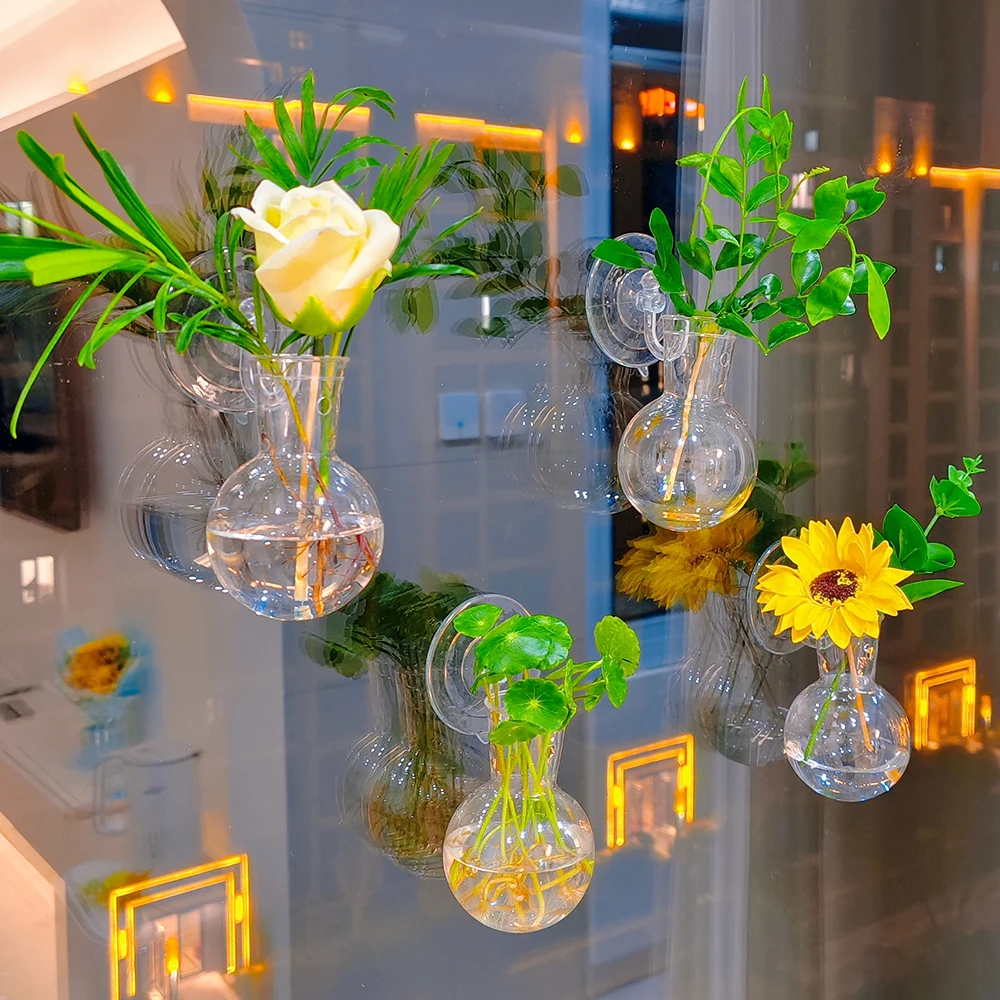 S0195 Acrylic Wall Mounted Transparent Vase Hydroponics Planter Propagation Station Plastic Flower Pot for Home Room Decoration