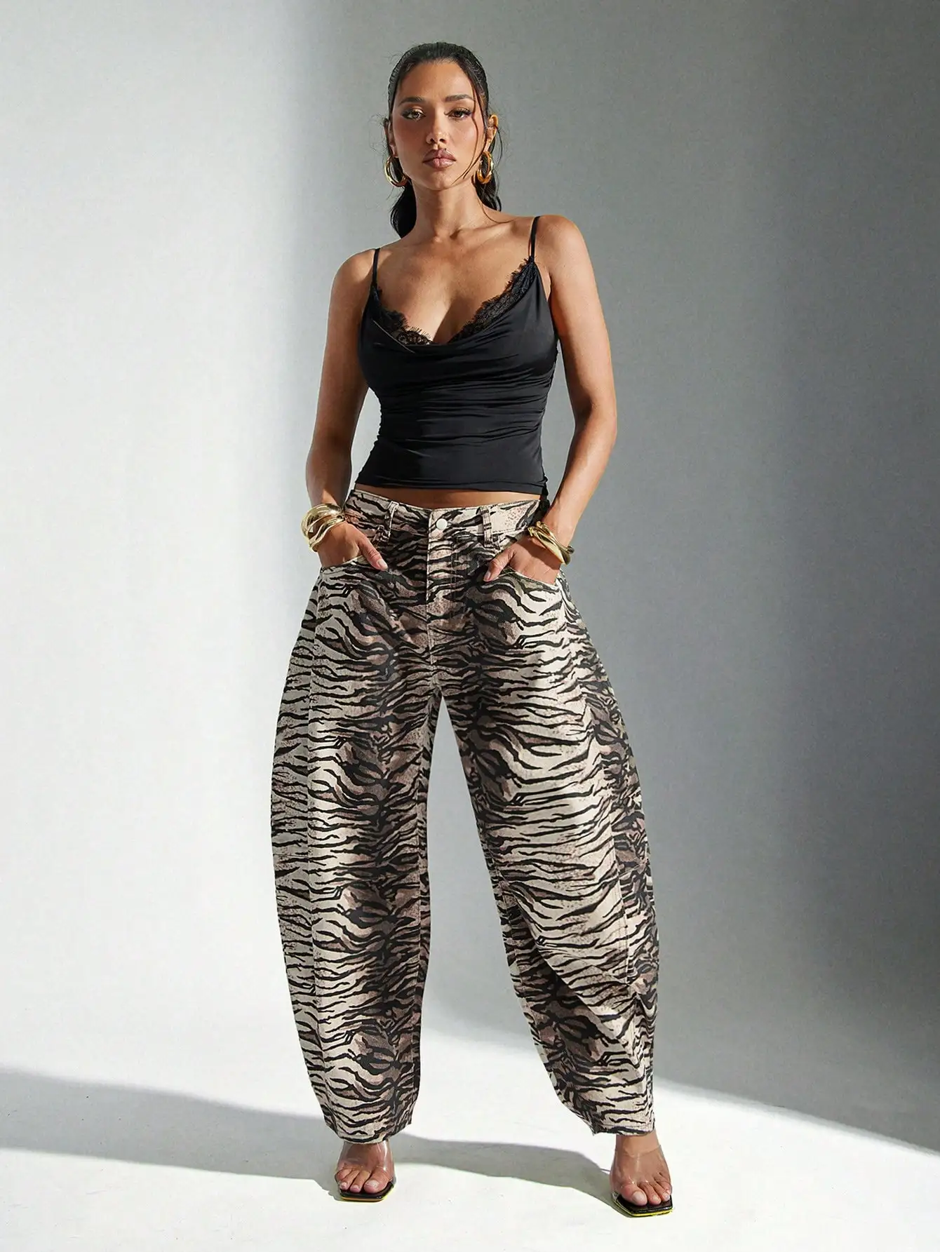 

Женские джинсы с высокой талией, свободного кроя, с принтом тигра, широкие штанины, для повседневной уличной моды