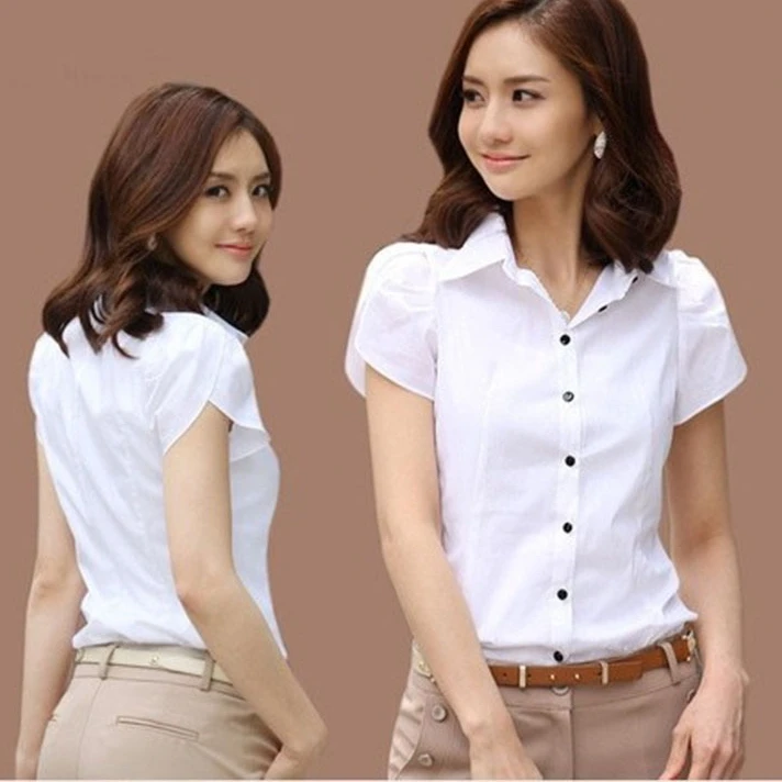 

Классическая белая рубашка, летняя деловая одежда, простой топ с короткими рукавами и затянутой талией, официальная женская одежда с белым воротником