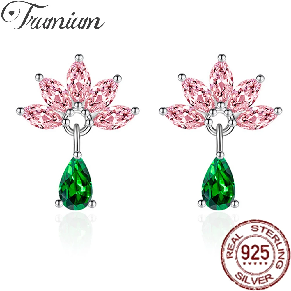 

Trumium S925 Sterling Silver Pink AAA Zirconia Lotus Flower Earrings for Women Rhodium Plated Water Drop Emerald Stud Earrings