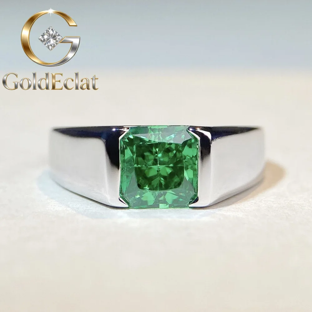 

GoldEclat Luxury Solid Platinum PT950 Men's smooth emerald diamond ring moissanite diamond ring