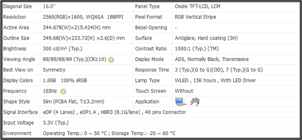 N160GME-GQ1 N160Gcloser GQ1 Écran LCD 16 pouces Panneau IPS non tactile QHD 2560 × 1600 165Hz EDP 40 broches