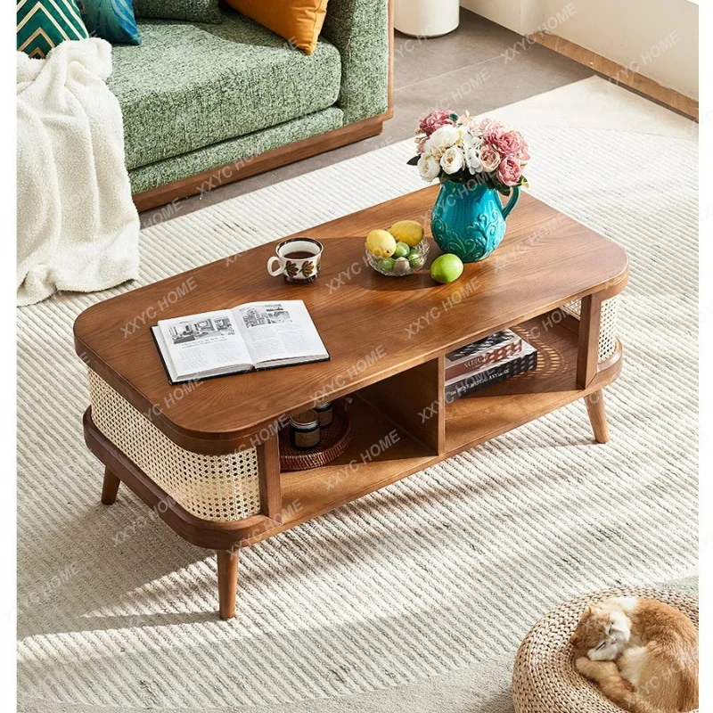 XXsolid wood rattan coffee table square living room small apartment modern simple bed and breakfast hotel with storage space