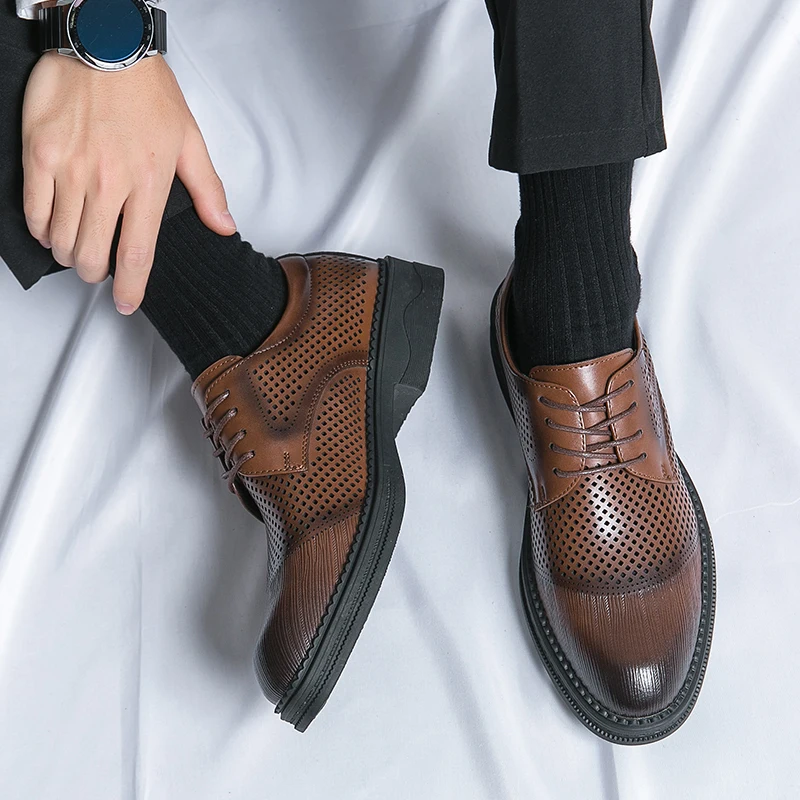 Summer Retro Classic Derby Shoes Double Layer Cowhide Breathable Lace up Business Dress Shoes Outdoor Comfortable Shoes Men Shoe