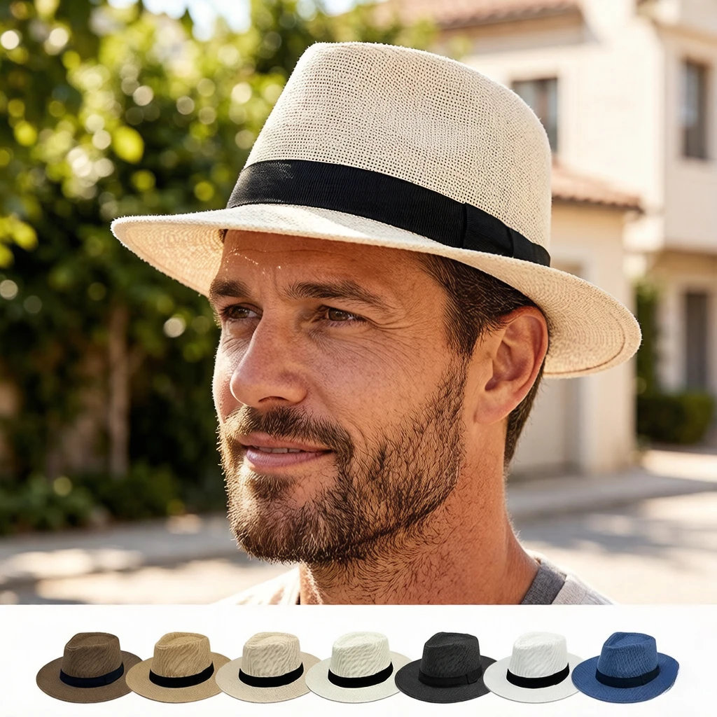 3PCS All Season Wide Brim Fedora Hat Set,British Style Straw Sun Hat,Unisex Classic Vintage Trilby Cap for Outdoor Casual Wear