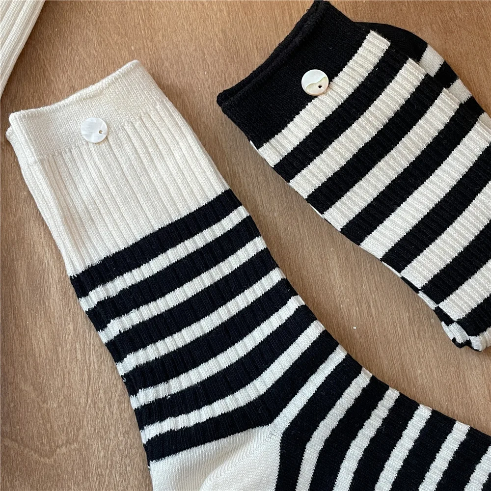 Casual Stripe Button Mid Tube Socks Women's College Style Double Needle Breathable Cotton Socks Vintage Daily Sock