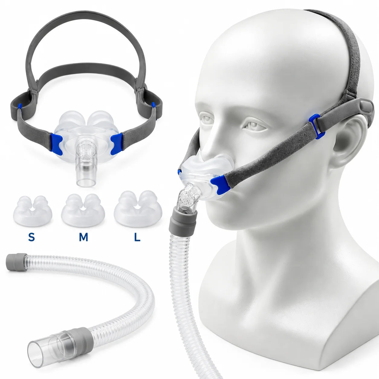 Nasal Pillow Mask System with S M L Cushions Detachable Adjustable Headgear Frame and Tube Comfortable Breathing MaskAccessories
