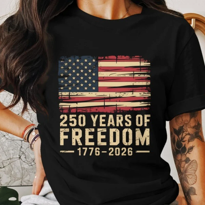 Flag 250 Years of Freedom T-Shirt - Distressed Flag Patriotic 1776–2026 Anniversary 4th of July Independence Day Fashion Tee