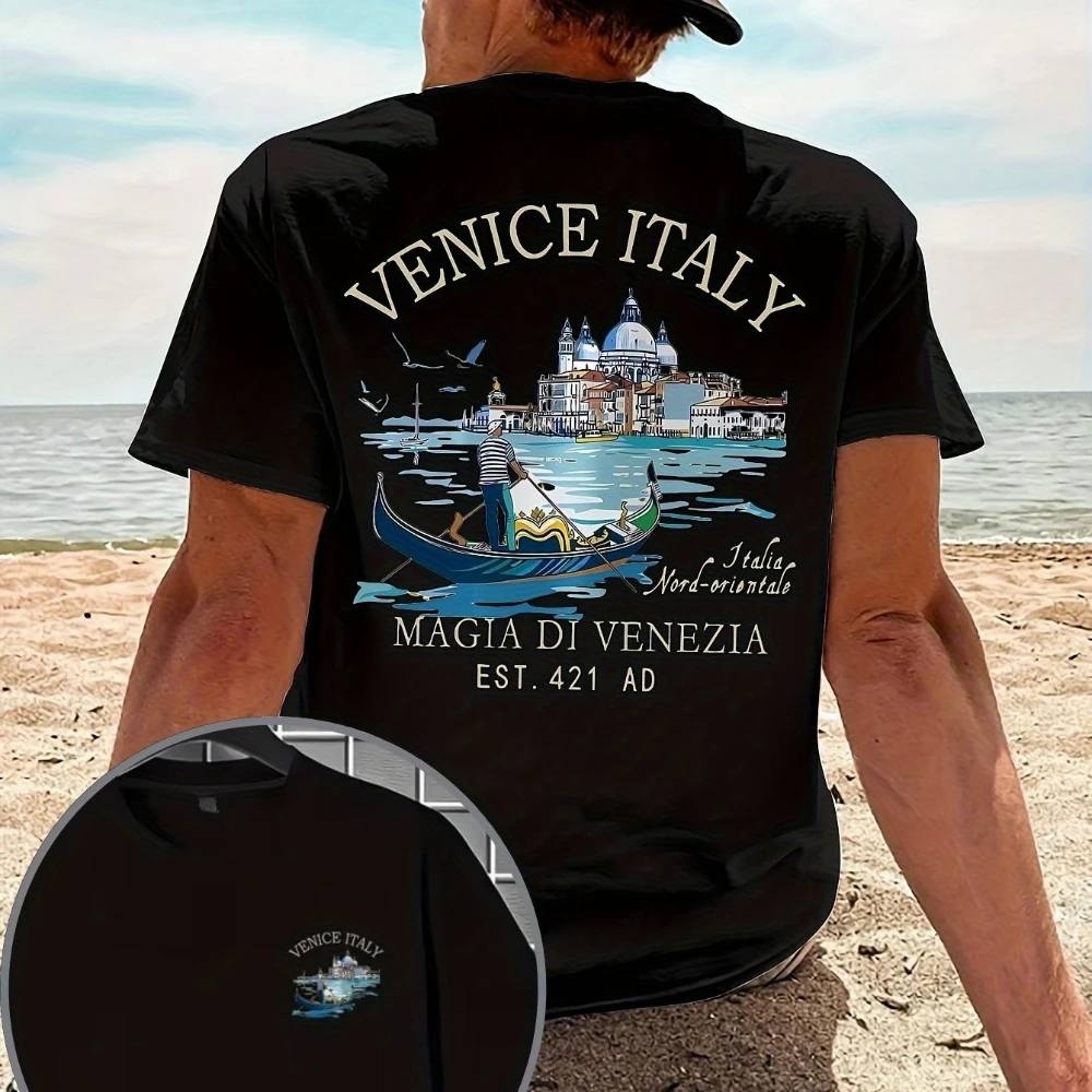 Herren-T-Shirt mit Venedig-Italien-Grafik – doppelseitiger Digitaldruck, atmungsaktiv, feuchtigkeitsableitend, leicht, kurzärmelig, Rundhalsausschnitt