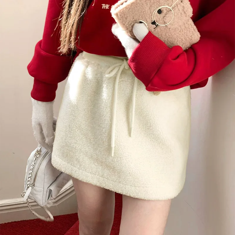 Beige Lamb Plush Half Skirt Women's Winter New High Waisted A-line Short Skirts for Women Короткая Юбка