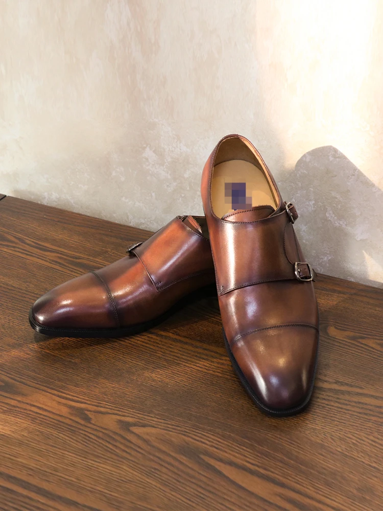 

2023 Hot Square Head Men Business Suit Leather Shoes Trend Handmade Brown Mens Dress Wedding Men Dress Shoes