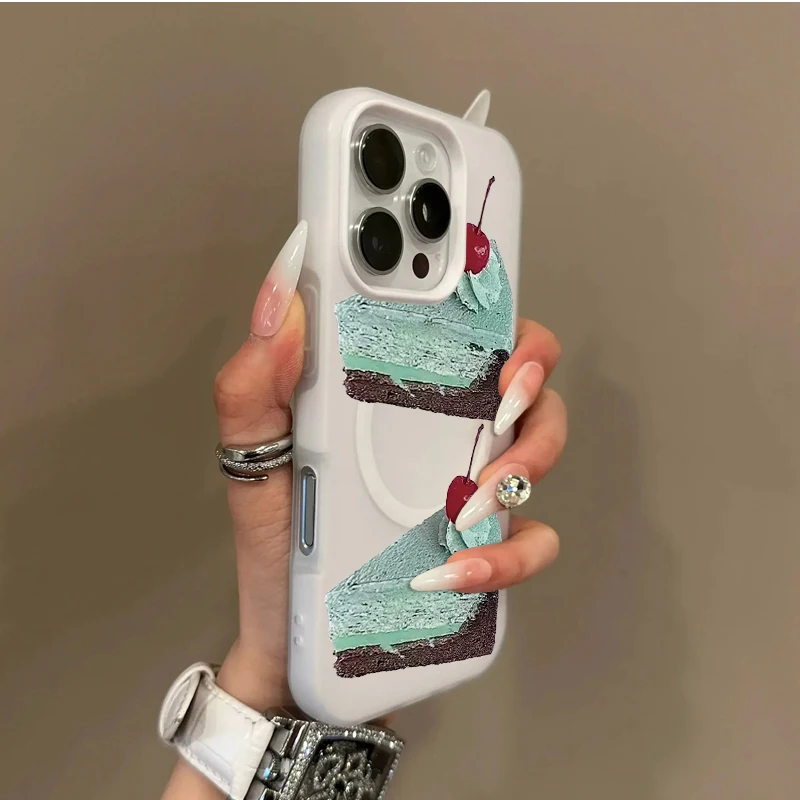マグネット式シンプルミニマリストグリーン抹茶チョコレートケーキ風iPhone 16/15/14/13/12/11 PROMAX用シリコン製スマホケースカバー