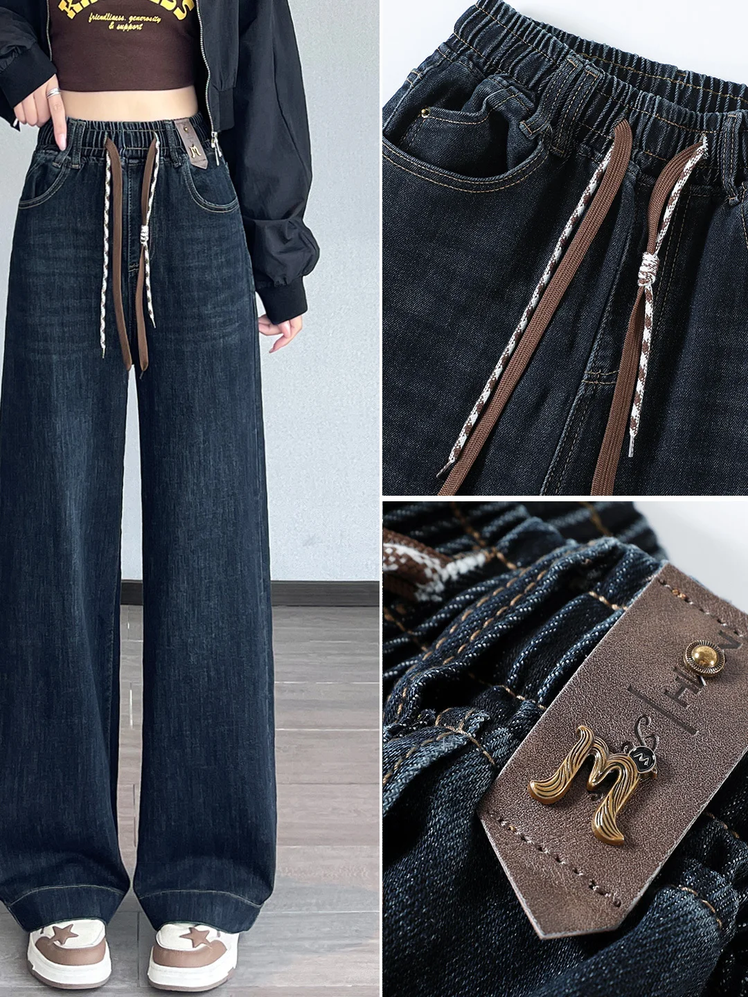 

Джинсы свободного кроя с высокой талией для студентов и девочек, прямые брюки с эластичной резинкой на талии, весенне-осенние повседневные теплые джинсовые ткани