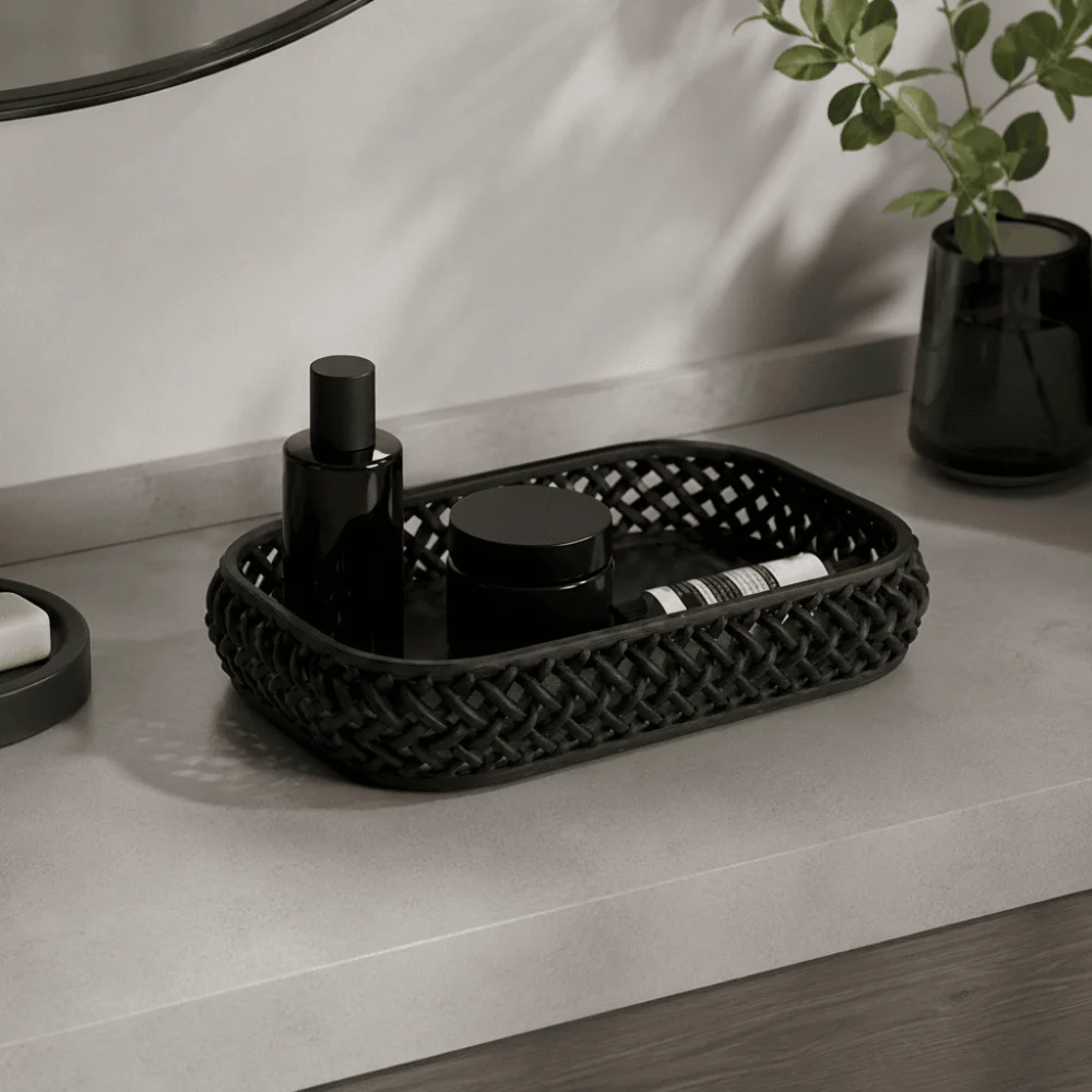 Imitation Rattan Desk Storage Tray Hollow Out Organizer Woven Storage Tray Simple Sundries Storage Dish Office Desk