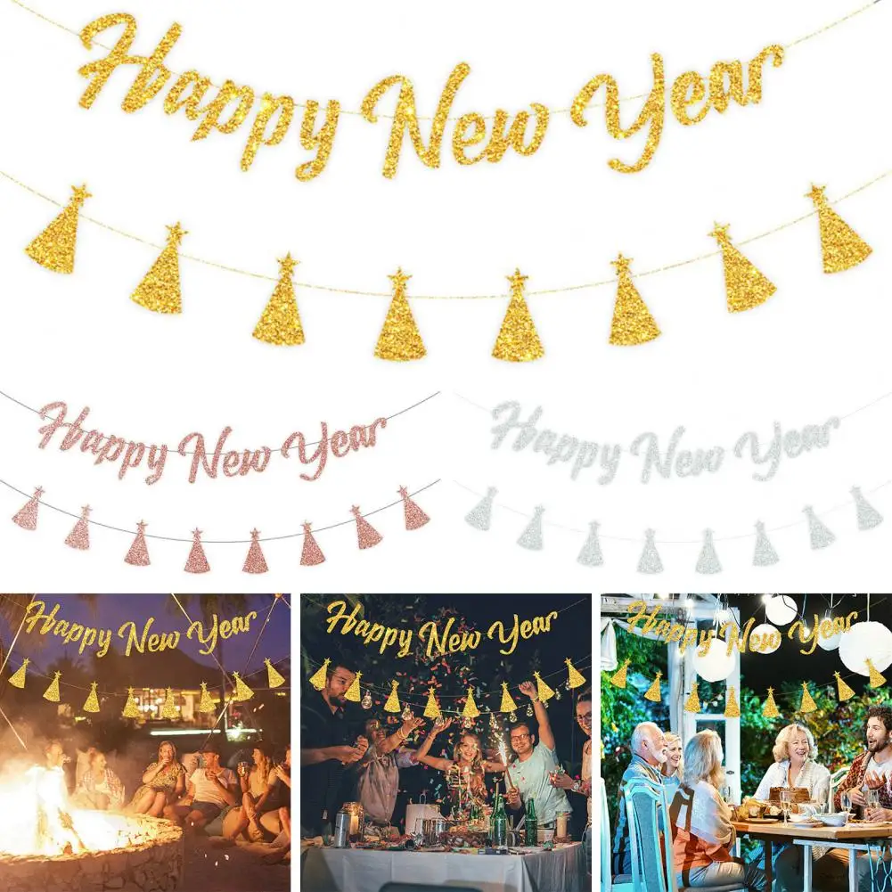 1 Set Happy New Year Banner Glitter Hanging Hat Pull Flag New Year Banner Home Party Festive Decorations