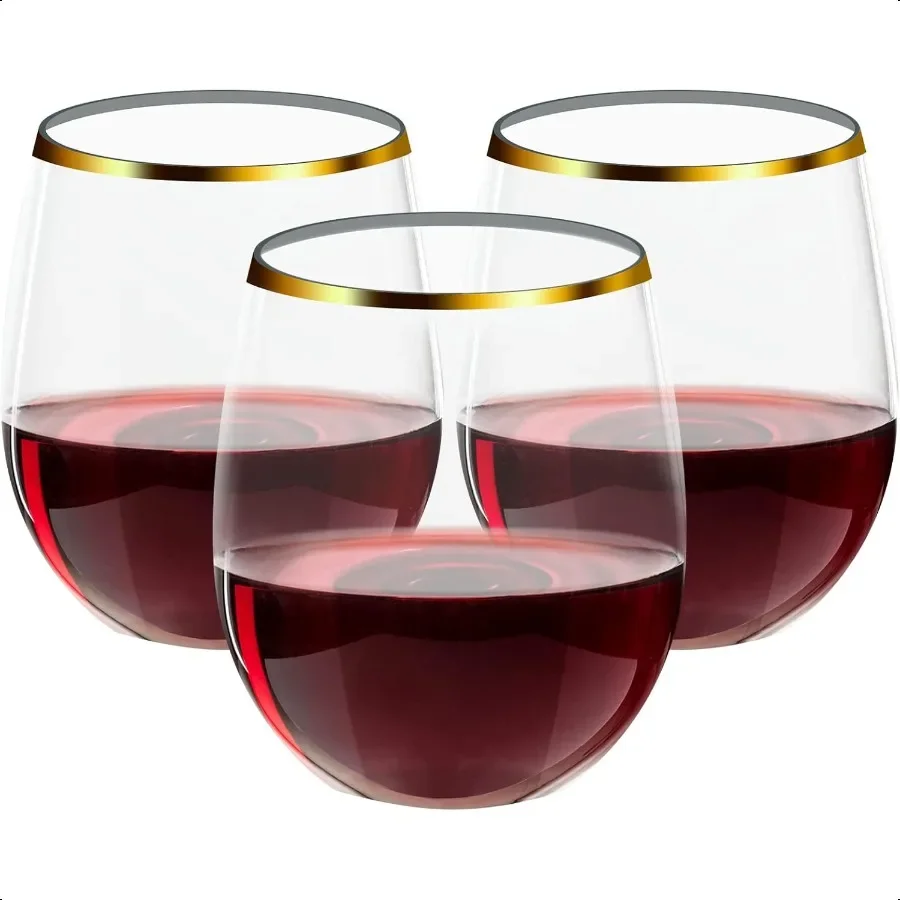 

32 Pack 12 OZ Plastic Wine Glasses Steml Gold Rim Reusable BPAFree Recyclable Unbreakable Shatterproof Wine Cups