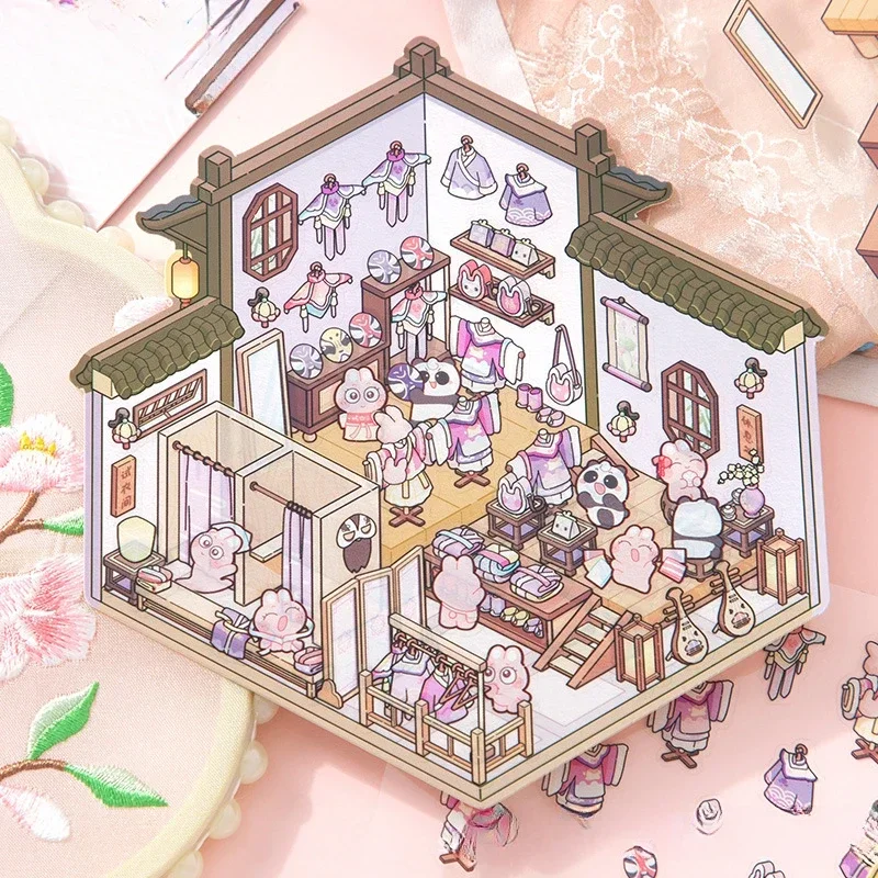 Chinese Style 3D Landscaping Stickers Cartoon Cabin Scene Visual Stacking Stickers DIY 3D Sticker Festival Gift For Ren