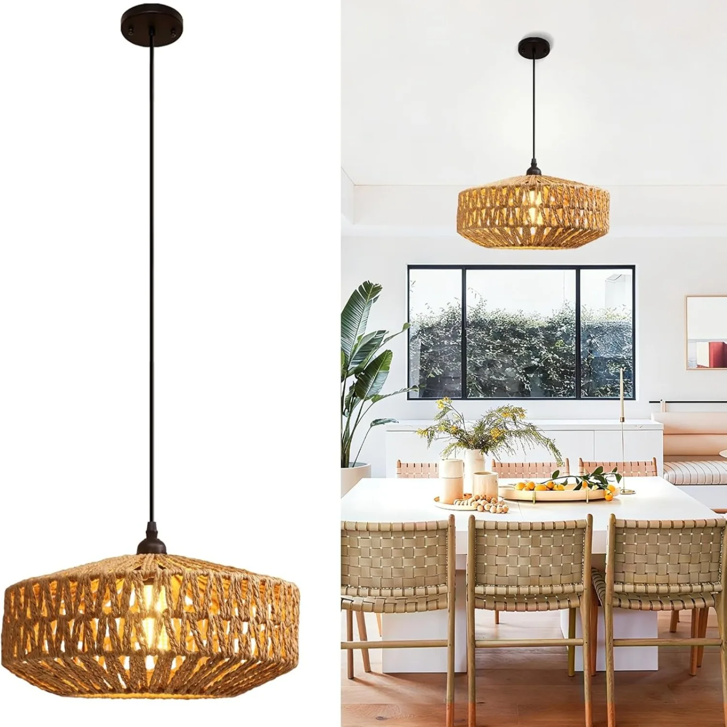 

JOYINLED Natural Rattan Chandelier Small Paper Rope Pendant Light E26/E27 Ceiling Lamp Dining Living Room Bedroom Kitchen Island