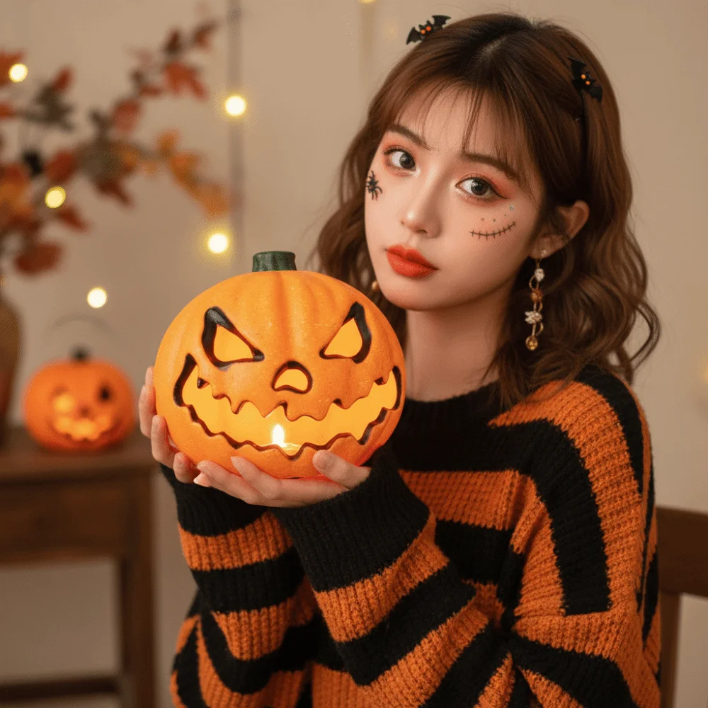 Battery Powered Pumpkin Lantern Resin Made Warm Glowing Halloween Lamp Intricate Cutout Durable Shell LED Pumpkin Store Display