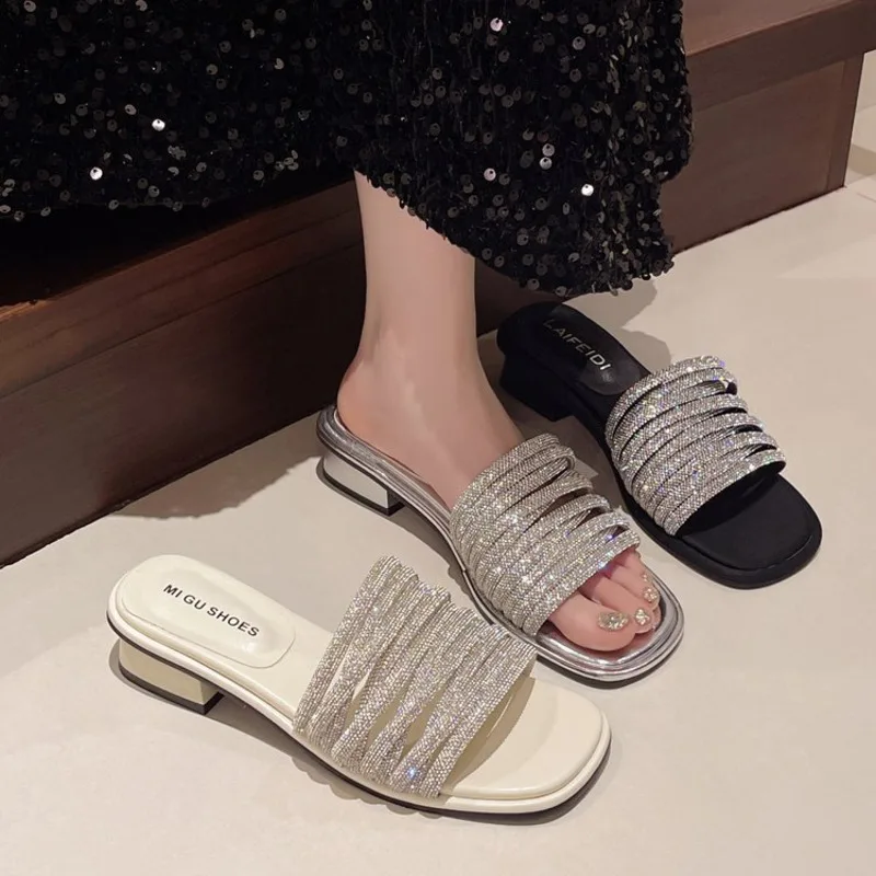 French Rhinestone Fairy Style One Line Thick Sandals For Women To Wear Externally. 2024 Summer New Fashionable And Stunning Mid