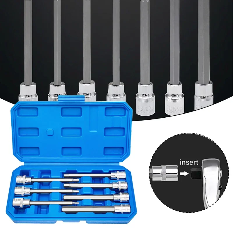 

7 Piece H3-H10 CR-V and S2 Material 3/8" Drive 110mm Length Practical Hand Tool Set Extra Long Hex Bit Socket Set