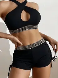 Bañador de cintura alta con realce para mujer, traje de baño de dos piezas con pantalones cortos, conjunto de Bikini negro, traje de baño femenino, 2024