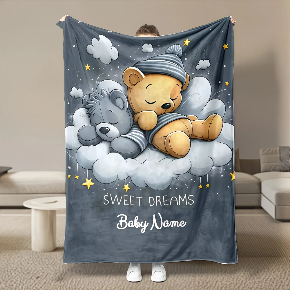 Personalized Baby Bear Blanket Sweet Dreams Cartoon Teddy Sleeping On Clouds Custom Name Soft Fleece Throw Gift For Newborn