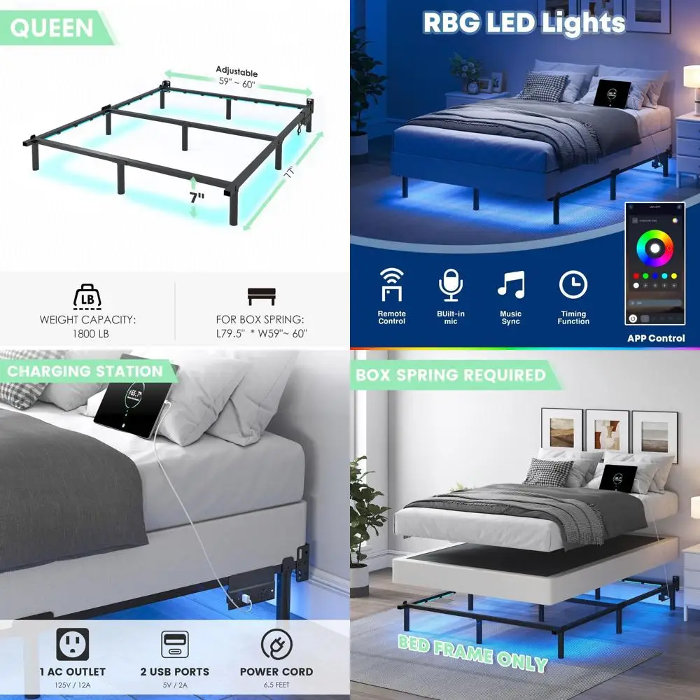 

7 металлических каркасов кровати размера «queen-size» со светодиодной подсветкой, опора на 9 ножек, простая сборка для коробчатой пружины