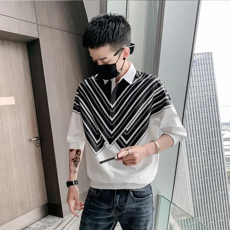 Stylish Printed Lapel Spliced Korean Striped Shirts Men\'s Clothing 2023 Spring New Loose Casual Tops Half Sleeve All-match Shirt