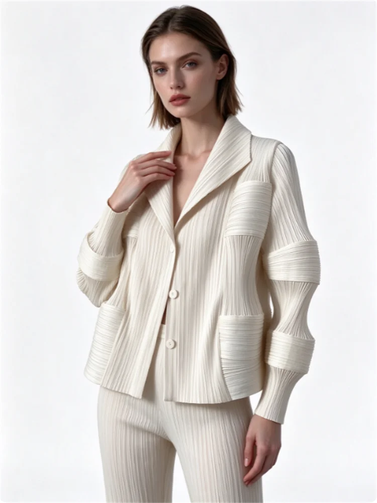 Miyake Women Pleated Coat Solid Lapel Long Sleeve Single Breasted Elegant Short Jacket Casual Style 2022 Autumn Fashion Jacket