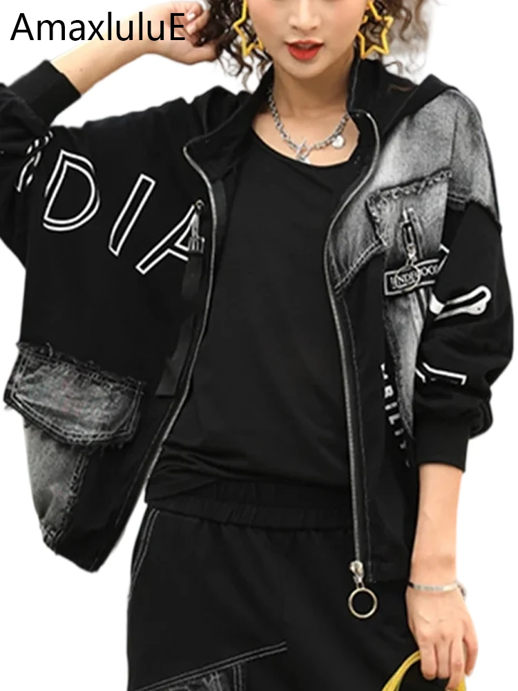 Max LuLu Womens Fashion Letter Black Punk Jackets 2024 Spring Korean Style Denim Hooded Design Loose Coats Casual Gothic Clothes