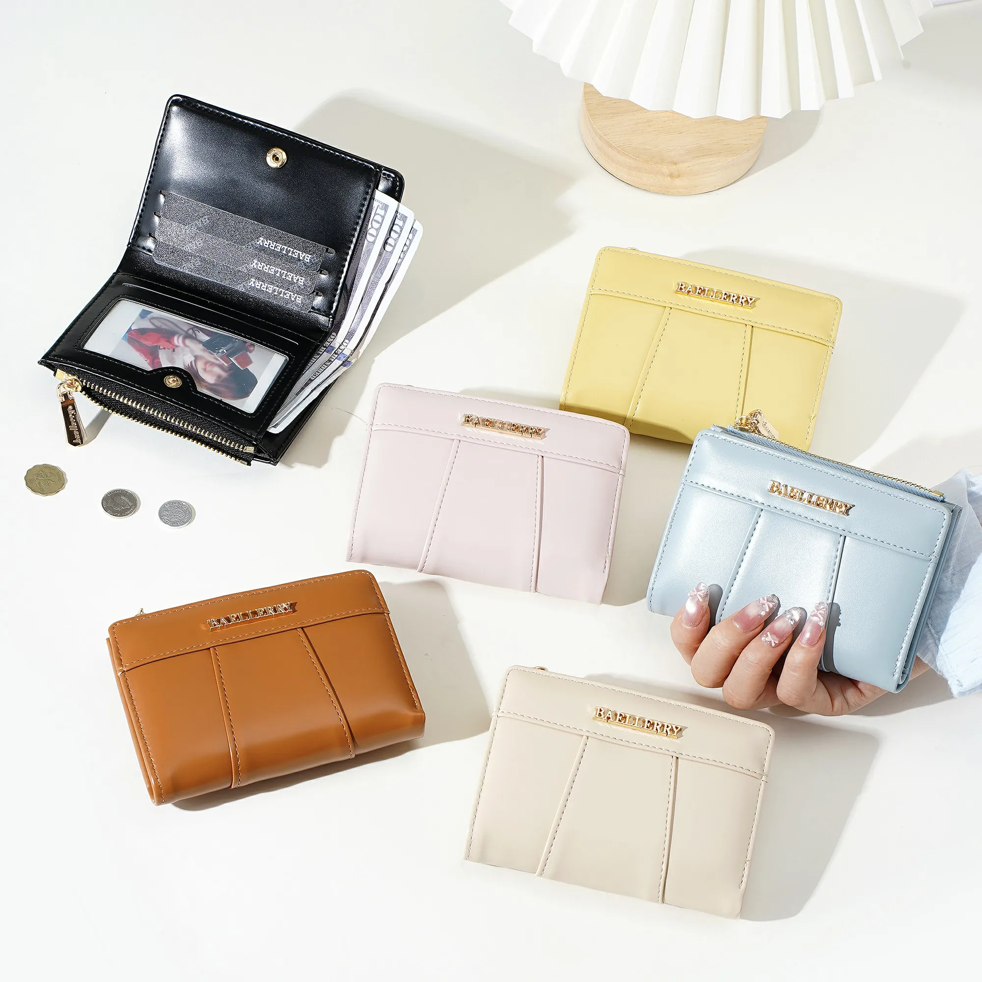 1Pc-Baellerry Women's Short Wallet with Glossy Pu Leather and Fabric Combination, Zippered Bifold Wallet with 5 Card Slots and Transparent Id Window