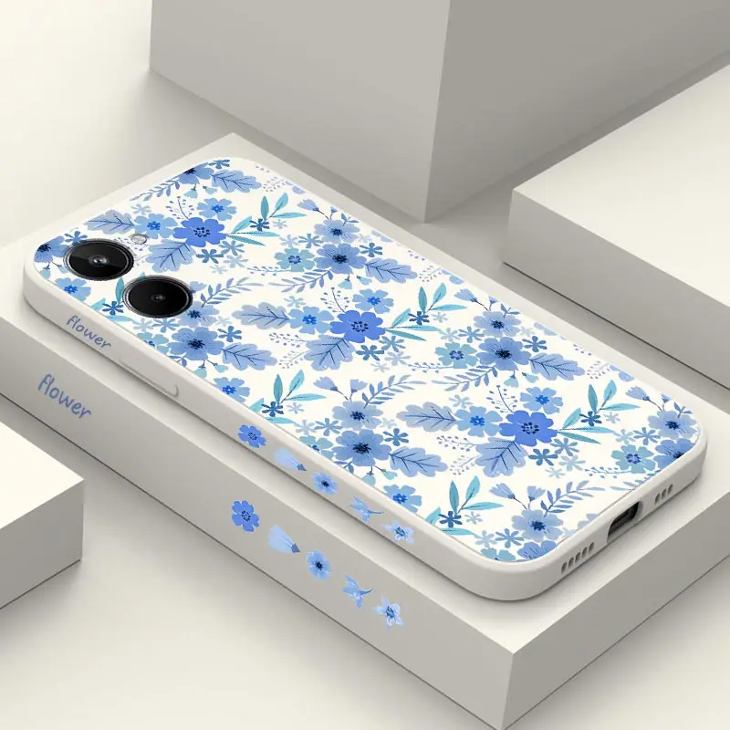 Blue Floral Silicone Phone Case For Realme 10 9 10T 9 Pro 10 Pro 8 Pro7 Pro 8 8i 9i 7i 6 7 10 Pro Plus C35 C30 C31 C25 C20 Cover