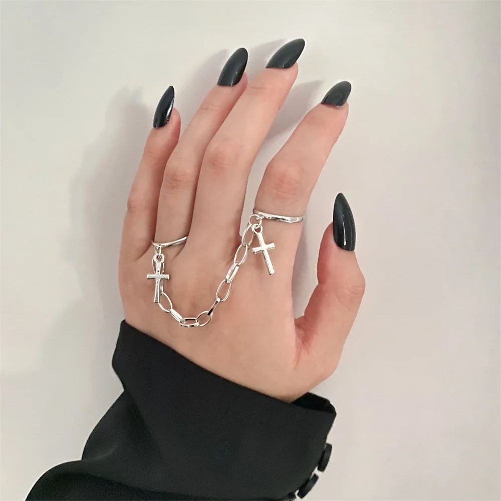 Retro Chain Connected Cross Adjusted Open Ring For Women Punk Gothic Edgy Jewelry Trendy Party Cosplay Accessories Unisex Gift